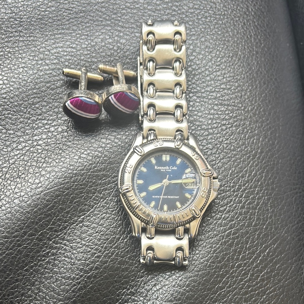 Kenneth Cole Silver Watch with Black Dial and Red Cufflinks
